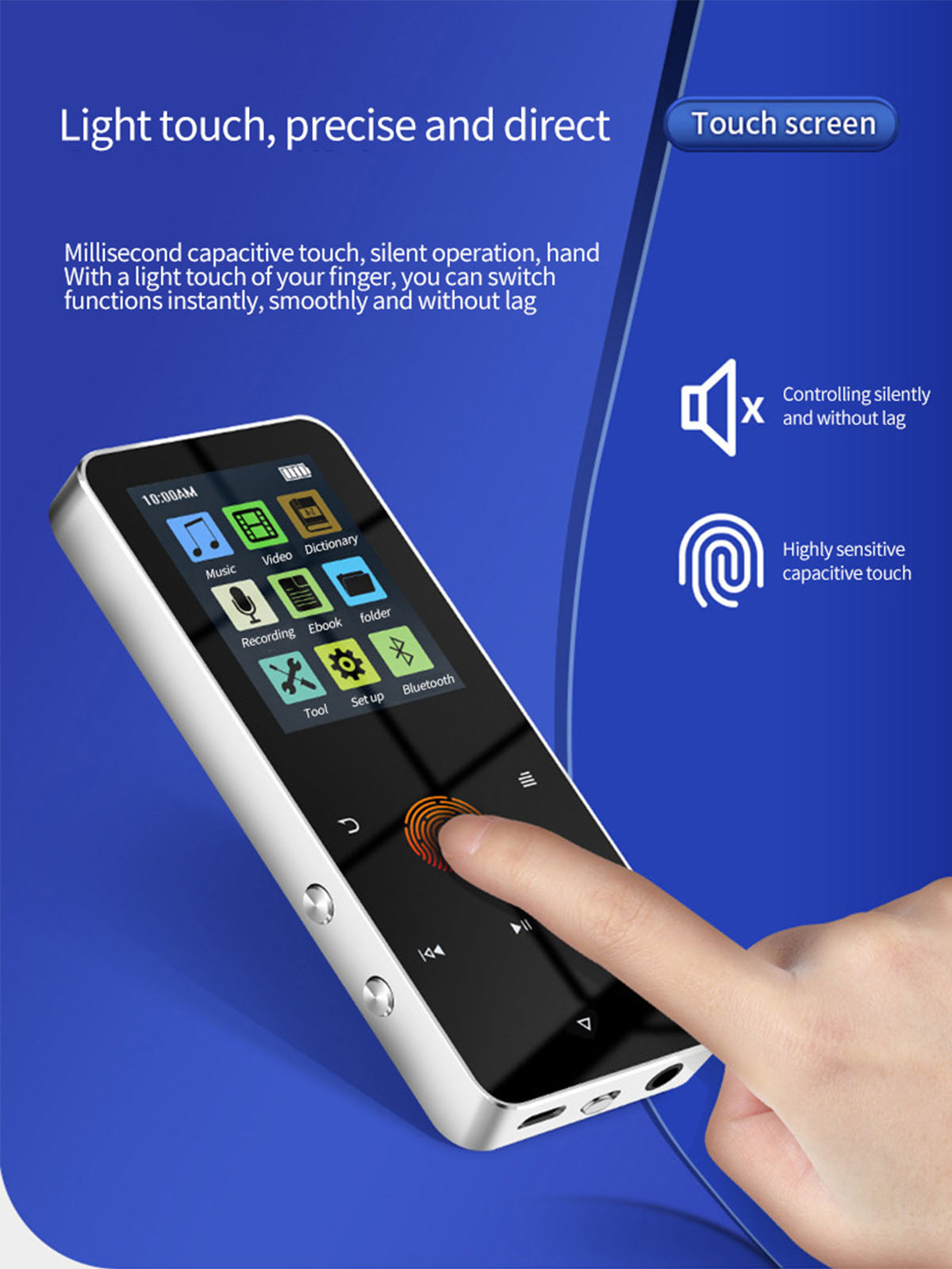 Eine Hand berührt den Touchscreen eines silbernen Handheld-Geräts. Blauer Hintergrund. Symbole und Text werden angezeigt.