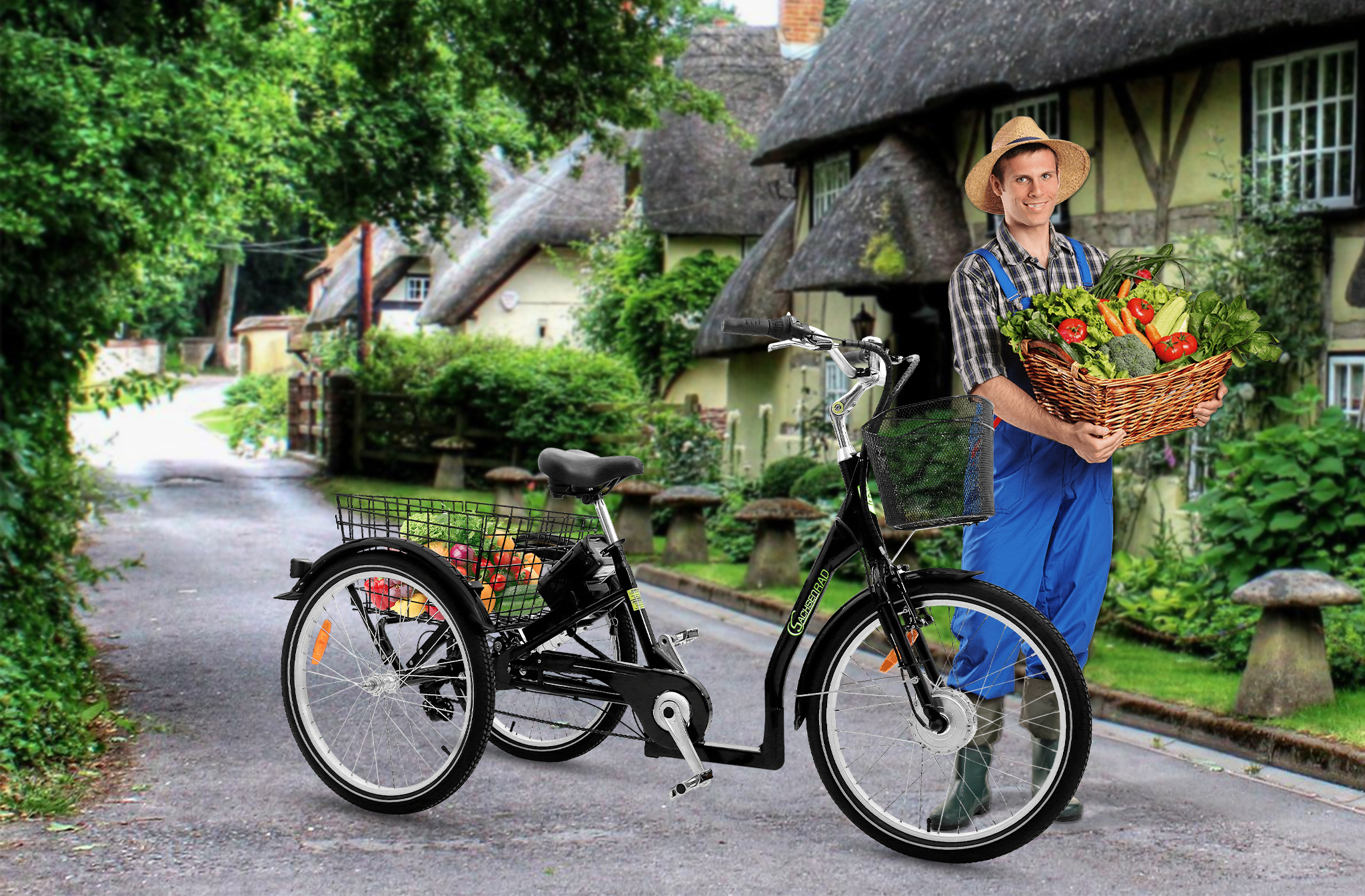 Mann mit Gemüse in der Nähe eines Trike-Fahrrads auf Kopfsteinpflaster. Häuser im Hintergrund.
