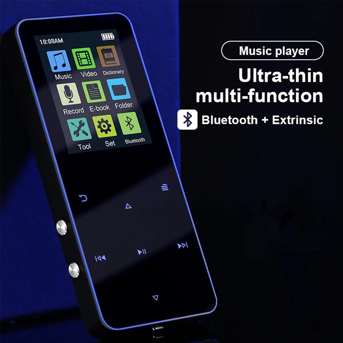 Schwarzer MP3-Player mit Bildschirm, mit Musik, Video und anderen Symbolen.
