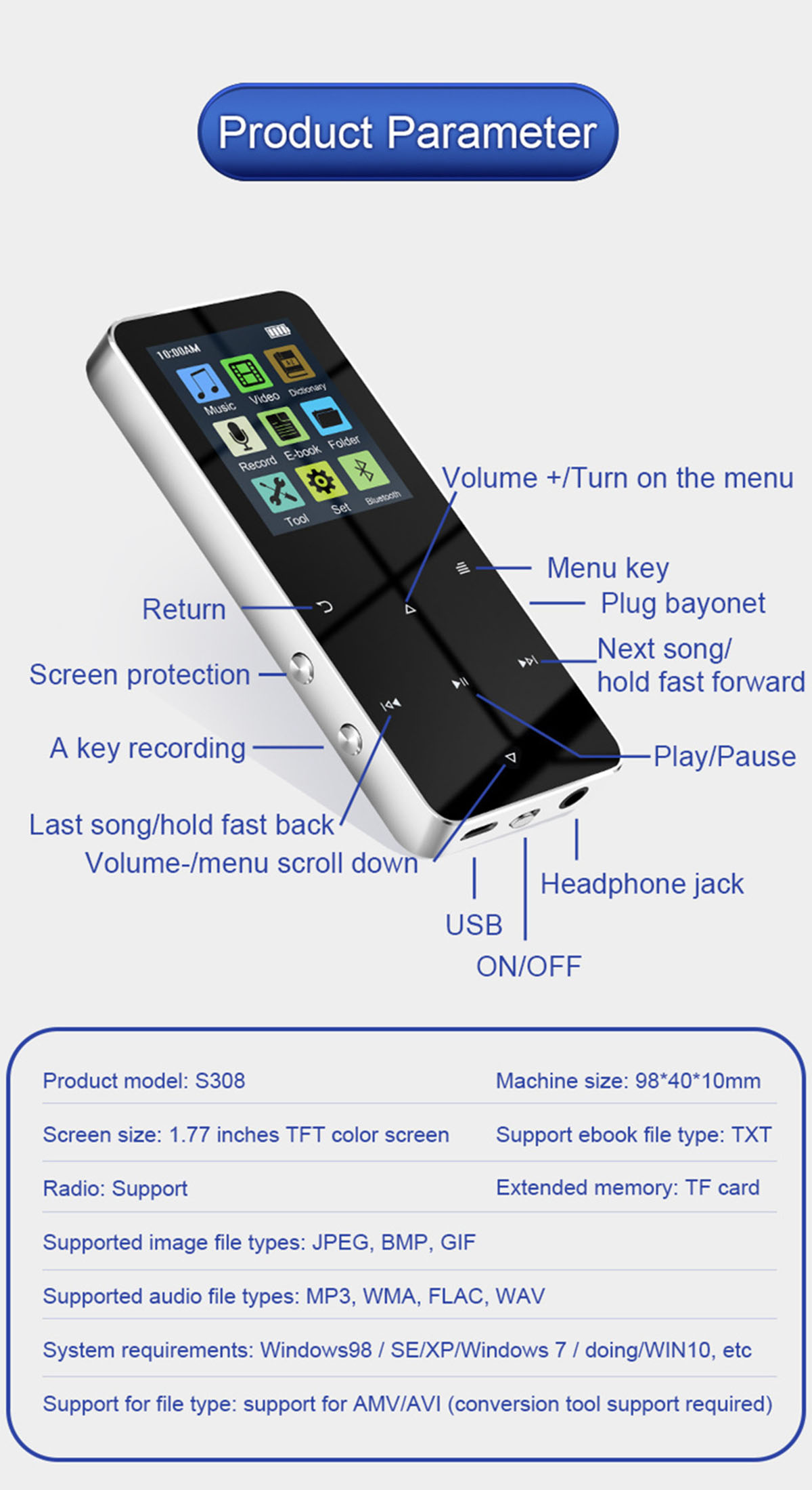 BRIGHTAKE MP3 Walkman Student Edition - MP4 64GB GB, silber 64 Bluetooth, FM