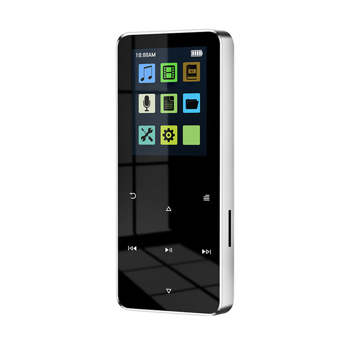 Ein schwarzer und silberner MP3-Player mit einem Bildschirm, der Symbole anzeigt. Knöpfe befinden sich unter dem Bildschirm.