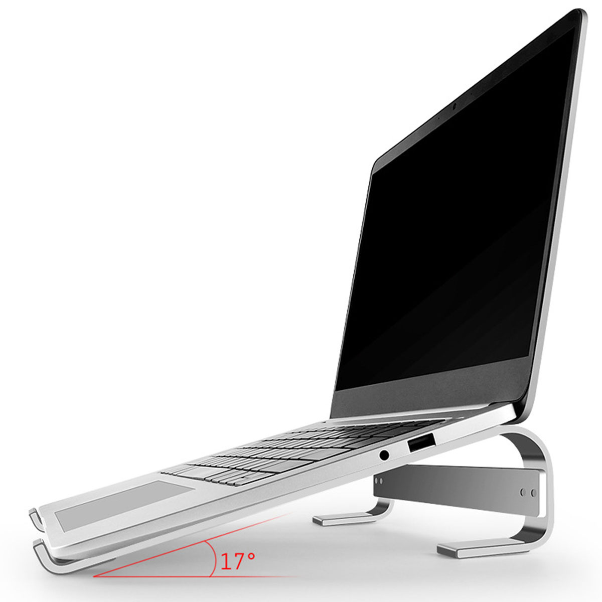 Ein silberner Laptopständer, der einen Laptop in einem Winkel von 17 Grad hält.