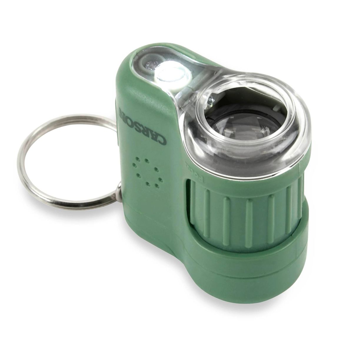 Microscopio portatile verde e grigio con portachiavi, su sfondo bianco.