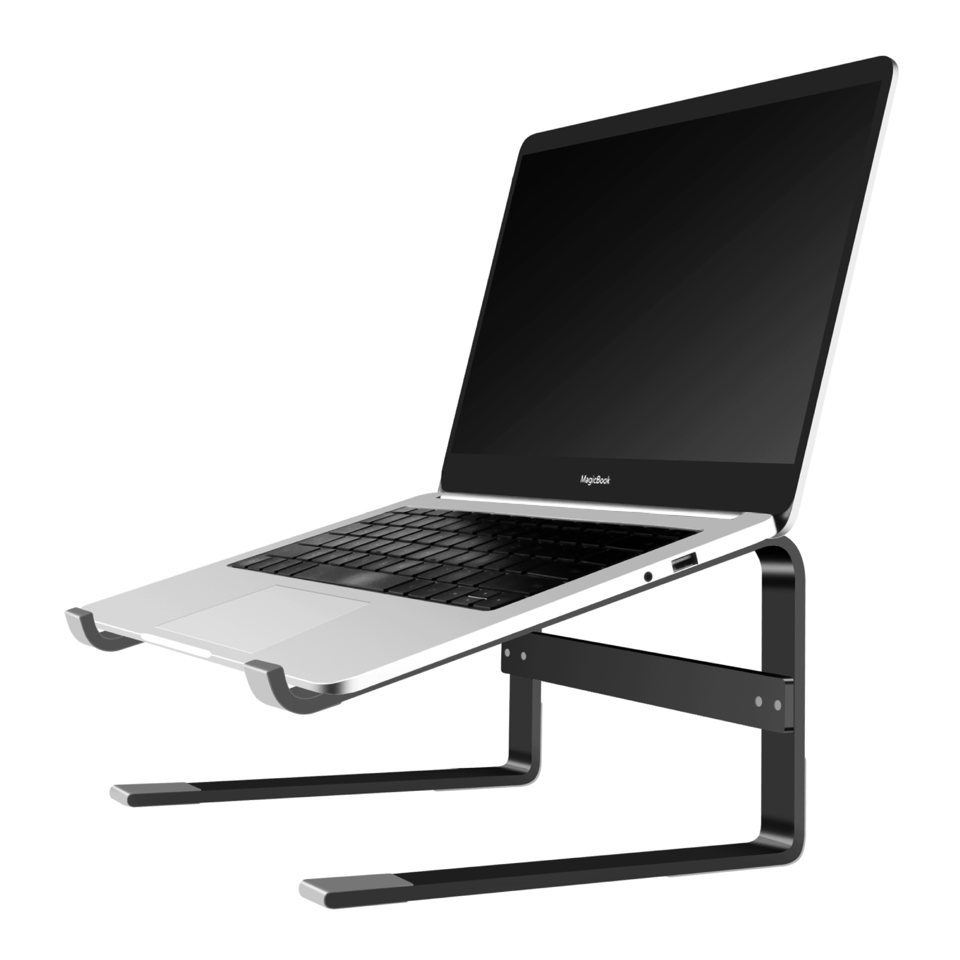 Laptop auf schwarzem Ständer. Schwarzer Ständer mit geschwungenem Design. Weißer Hintergrund.