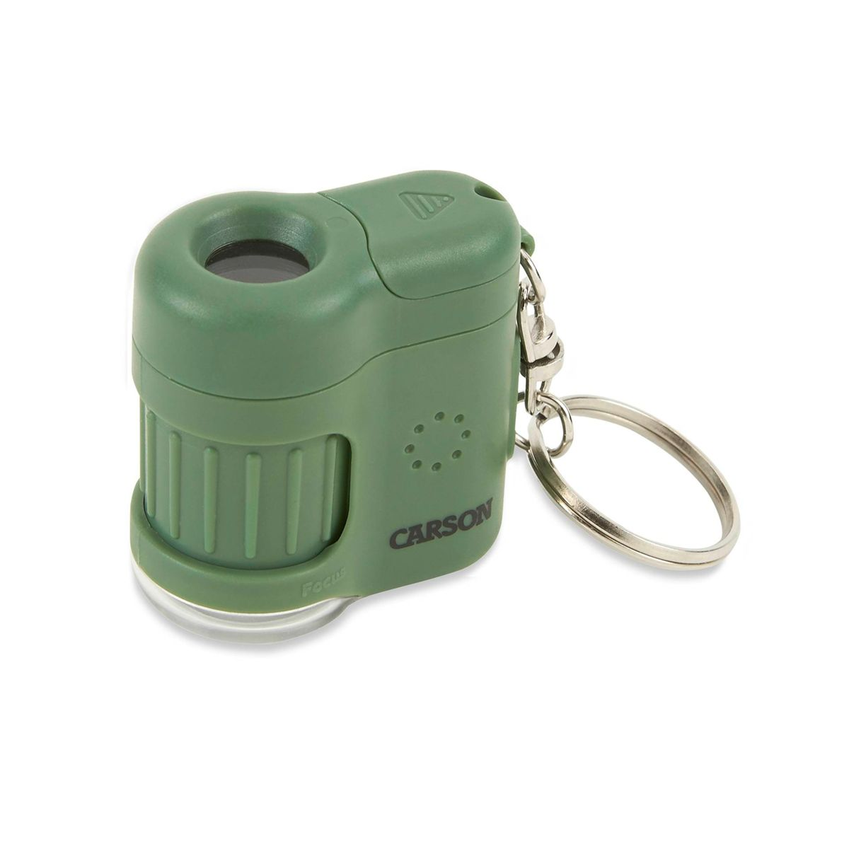 Un microscope porte-clés Carson vert avec un anneau argenté, sur une surface blanche.