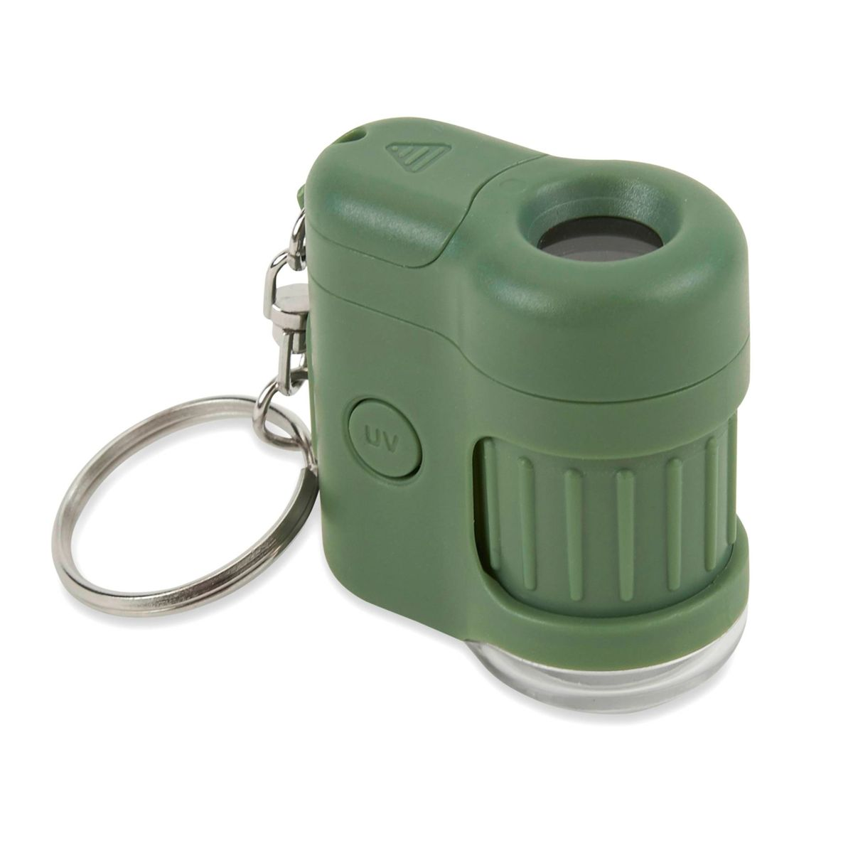 Piccolo strumento a luce UV verde con portachiavi.