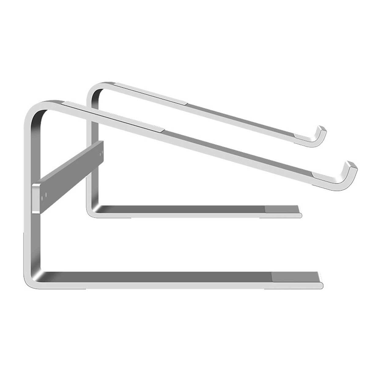 Silberner Laptopständer auf weißem Hintergrund. Er hat eine horizontale Basis und zwei abgewinkelte Stützen.