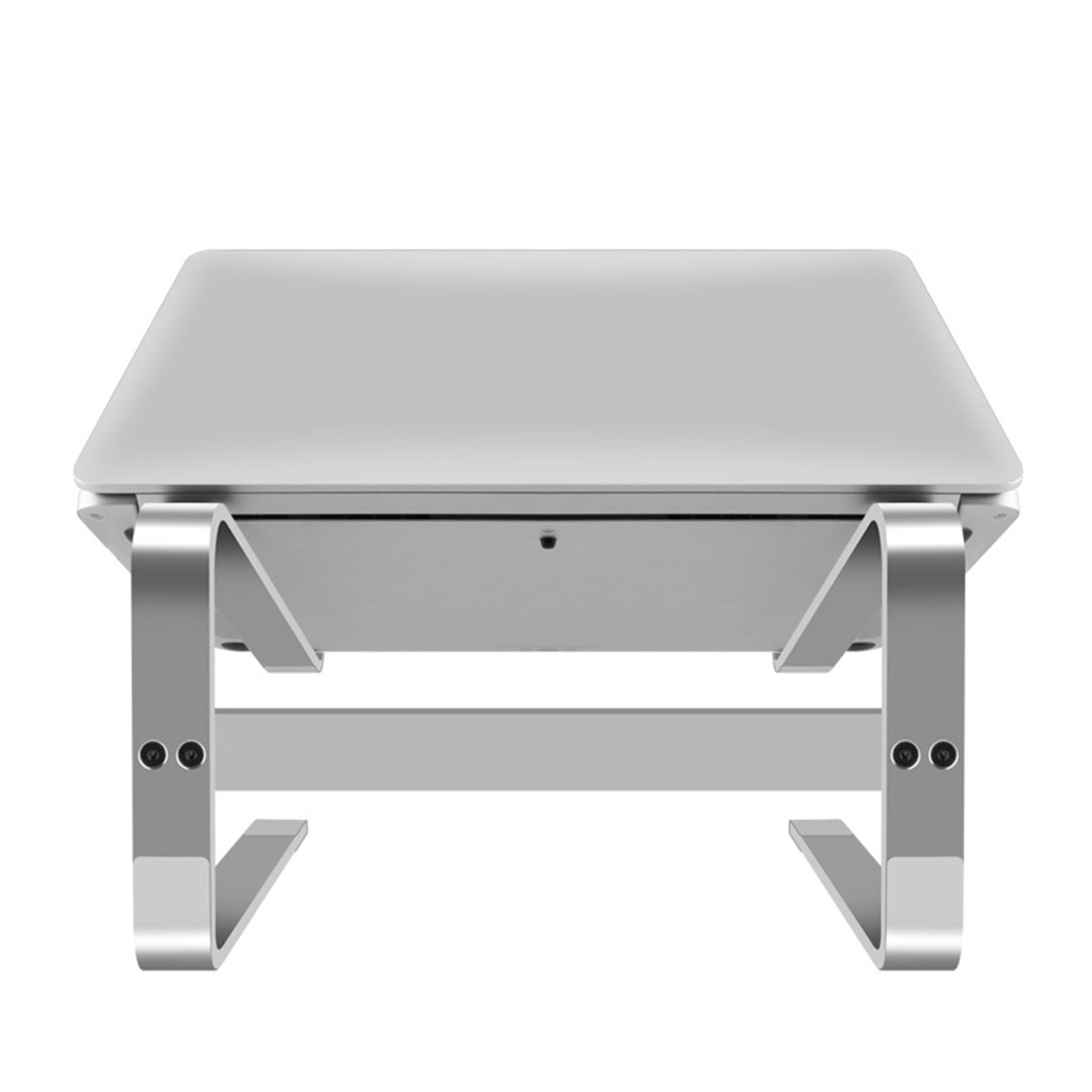 Laptopständer. Silbernes Metall, abgewinkeltes Design. Zwei Beine stützen die Oberseite.