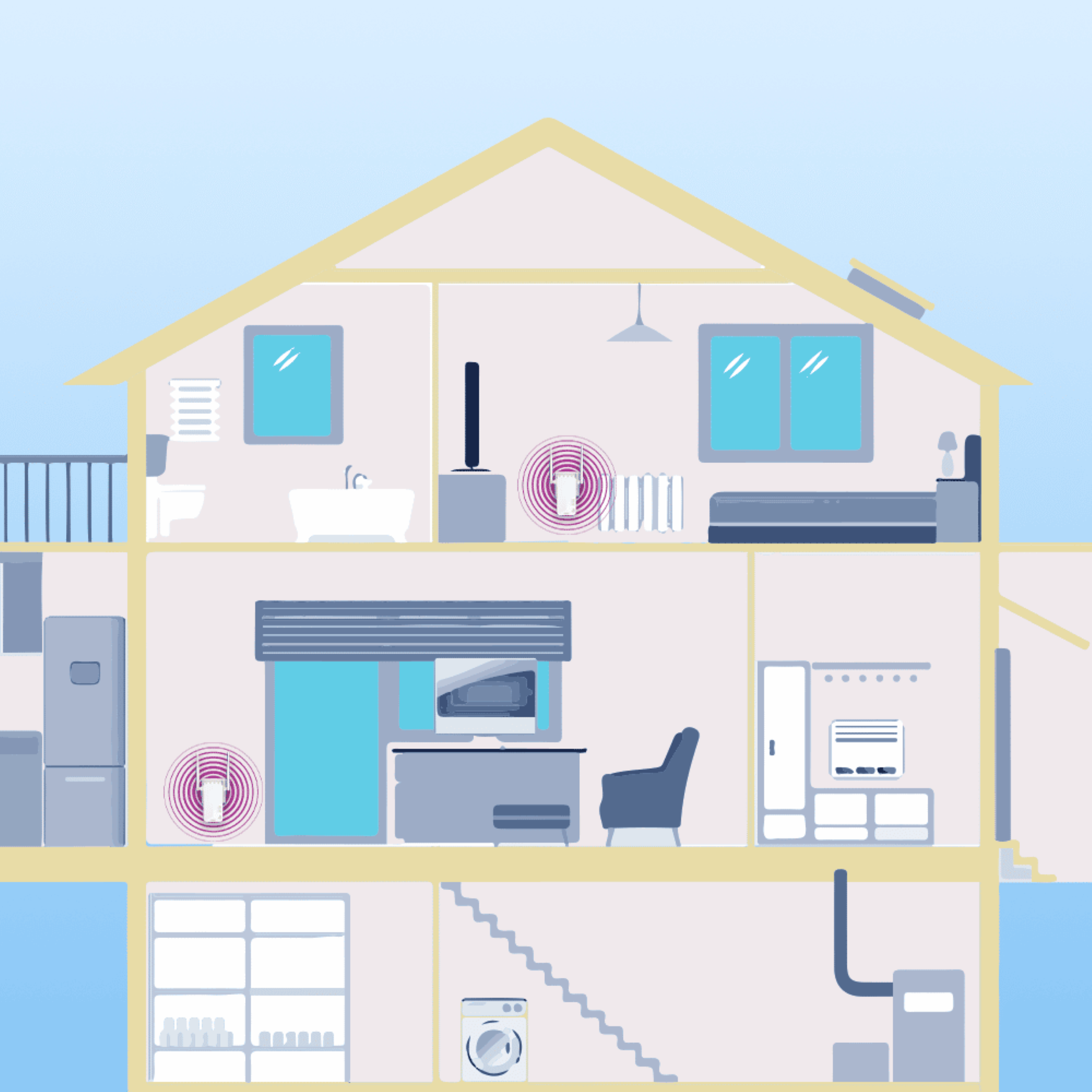 Przekrój wnętrza domu. Pokazuje pokoje z meblami i urządzeniami. Obecne symbole Wi-Fi.