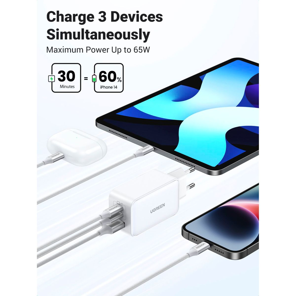 UGREEN Nexode USB-A+2*USB-C 65W Charger Tech USB-Ladegerät Fast weiß White GaN Universal