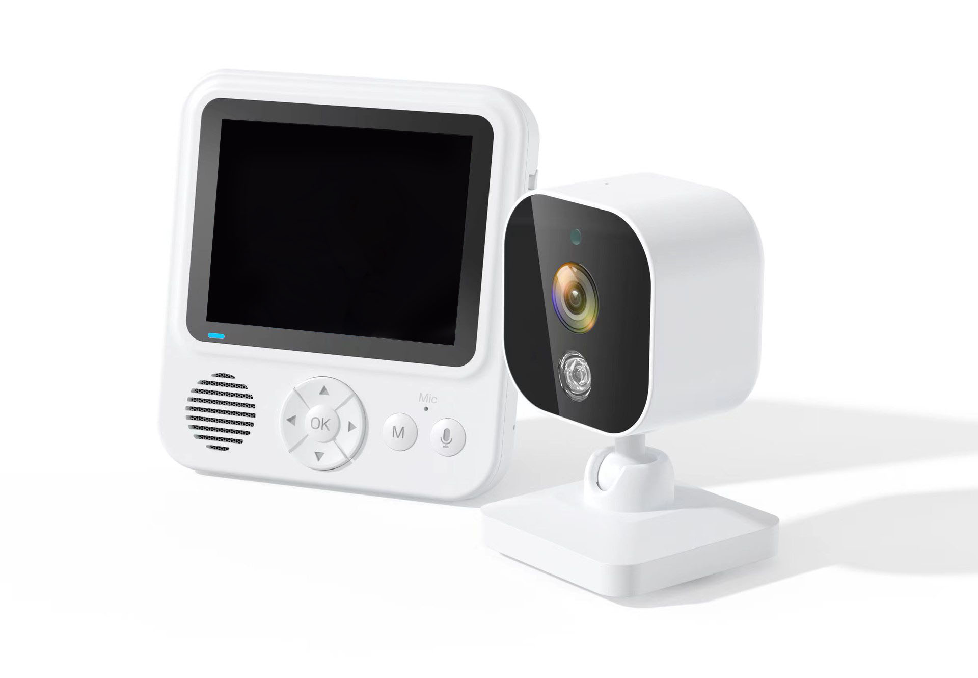 Ein weißer Babyphone mit Bildschirm und separater Kamera, beide sind weiß.