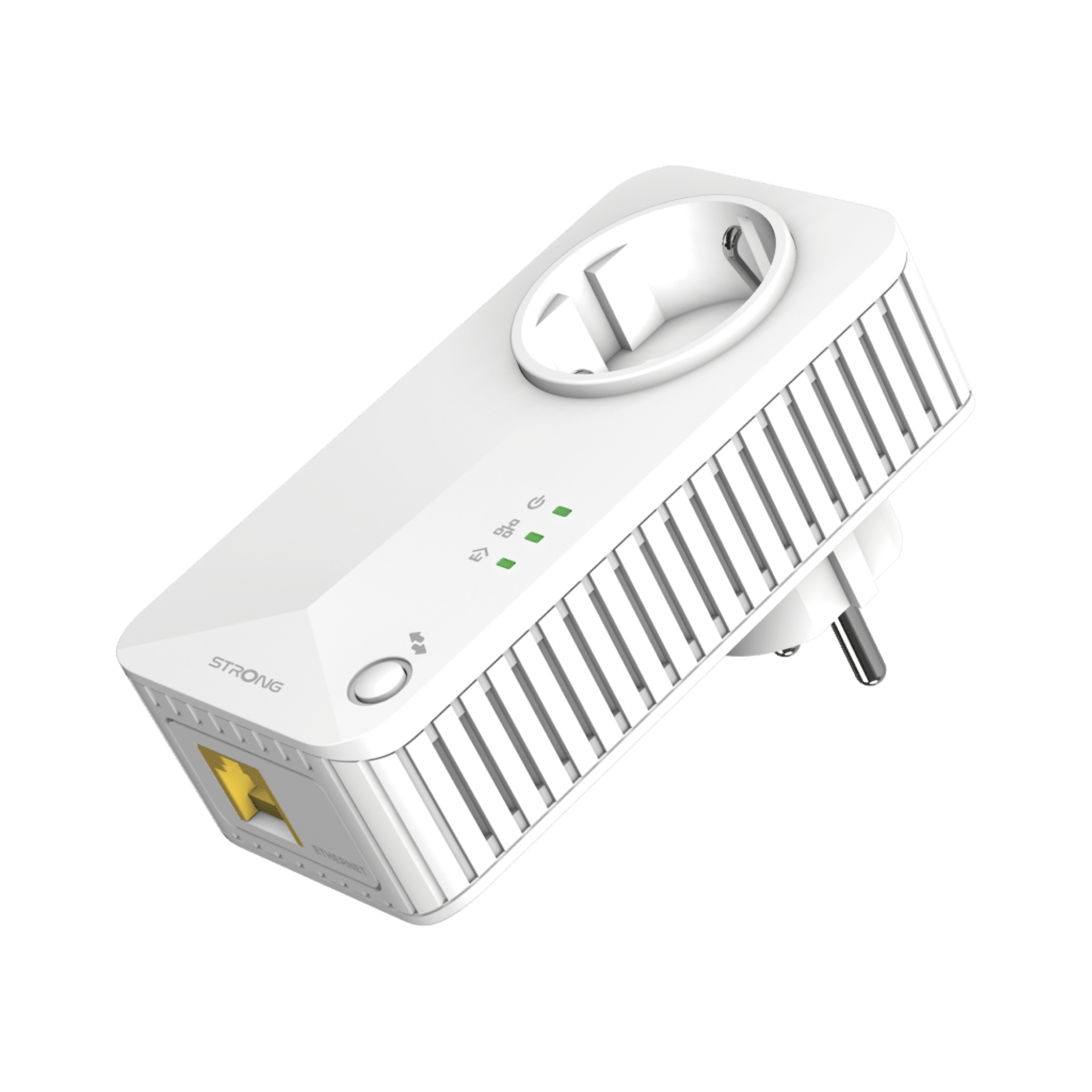 Weißer Powerline-Adapter mit Stecker und Steckdose sowie grünen Kontrollleuchten.