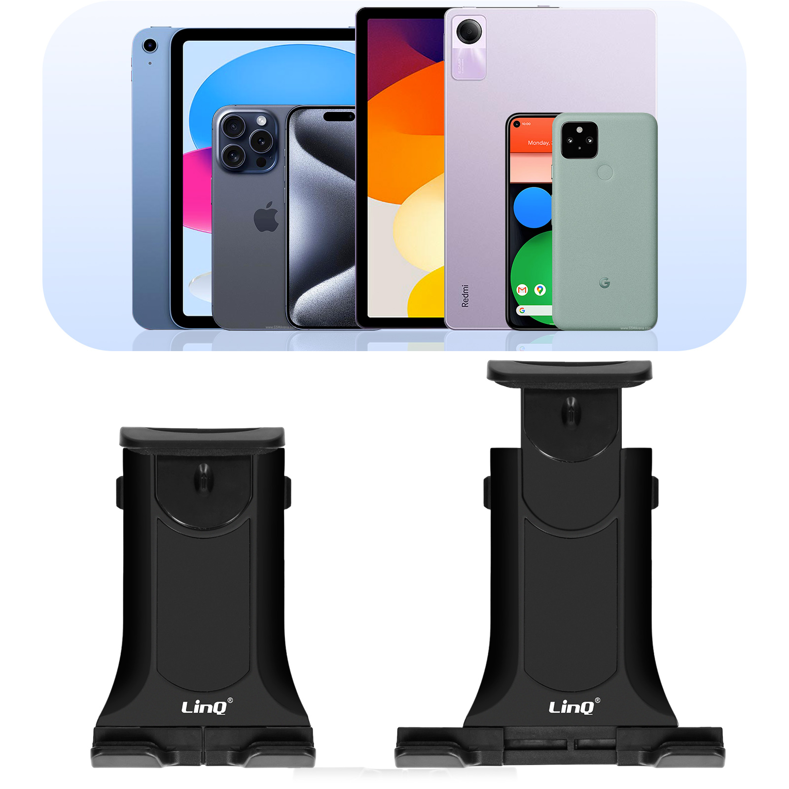 Tablet e telefoni disposti sopra due supporti neri. I supporti hanno il logo LinQ.