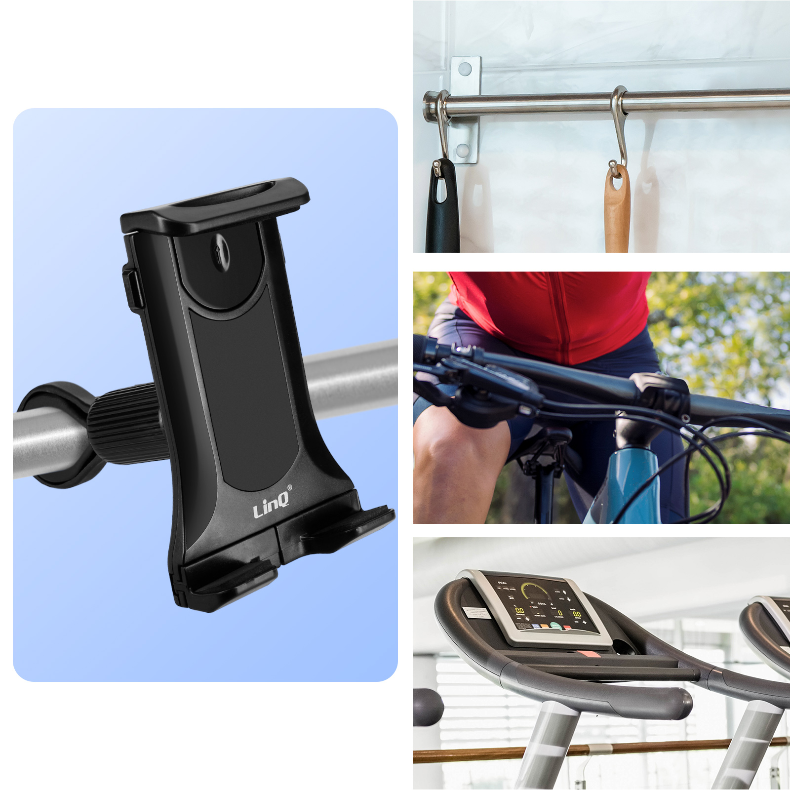 Collage di un supporto per telefono nero, manubrio della bici, una persona in bicicletta e un tapis roulant con un tablet.