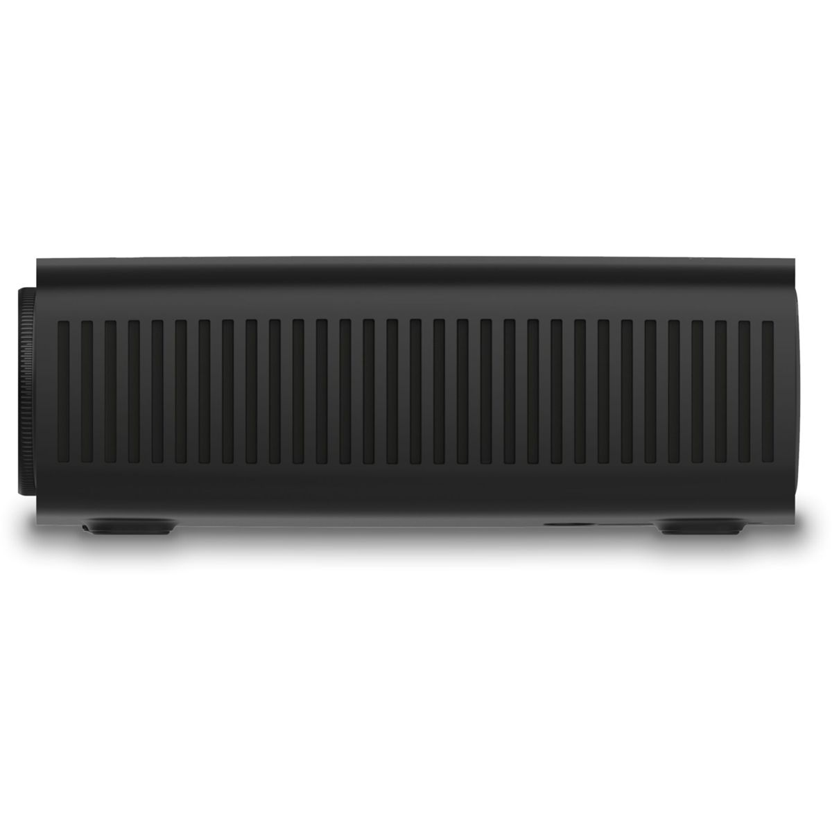 Czarny projektor z długim, żebrowanym korpusem. Widok z góry, białe tło.