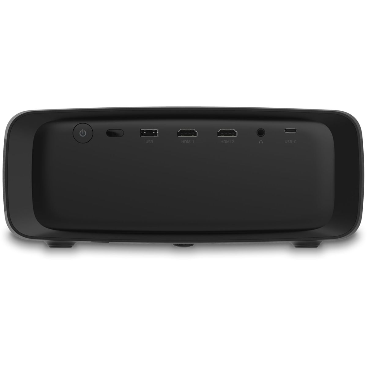 Czarny projektor z portami połączeniowymi i przyciskiem zasilania.