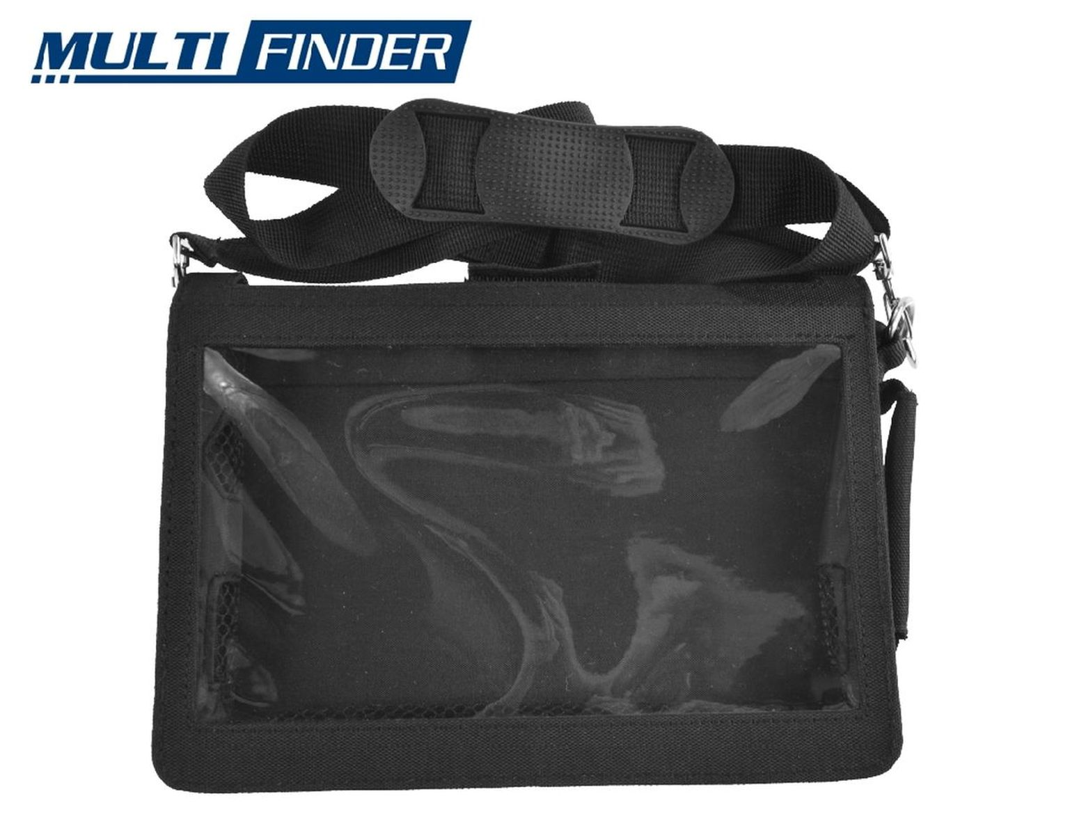 Eine schwarze Tasche mit durchsichtiger Vorderseite, Trageriemen und Logo. Sie hat einen schwarzen Riemen.