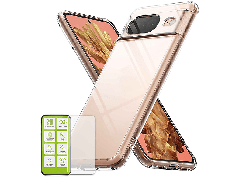 Transparent dünn Pixel Backcover, H9 + Schutz 8, Google, Folie, Produktset Panzer Hülle WIGENTO Silikon Hartglas