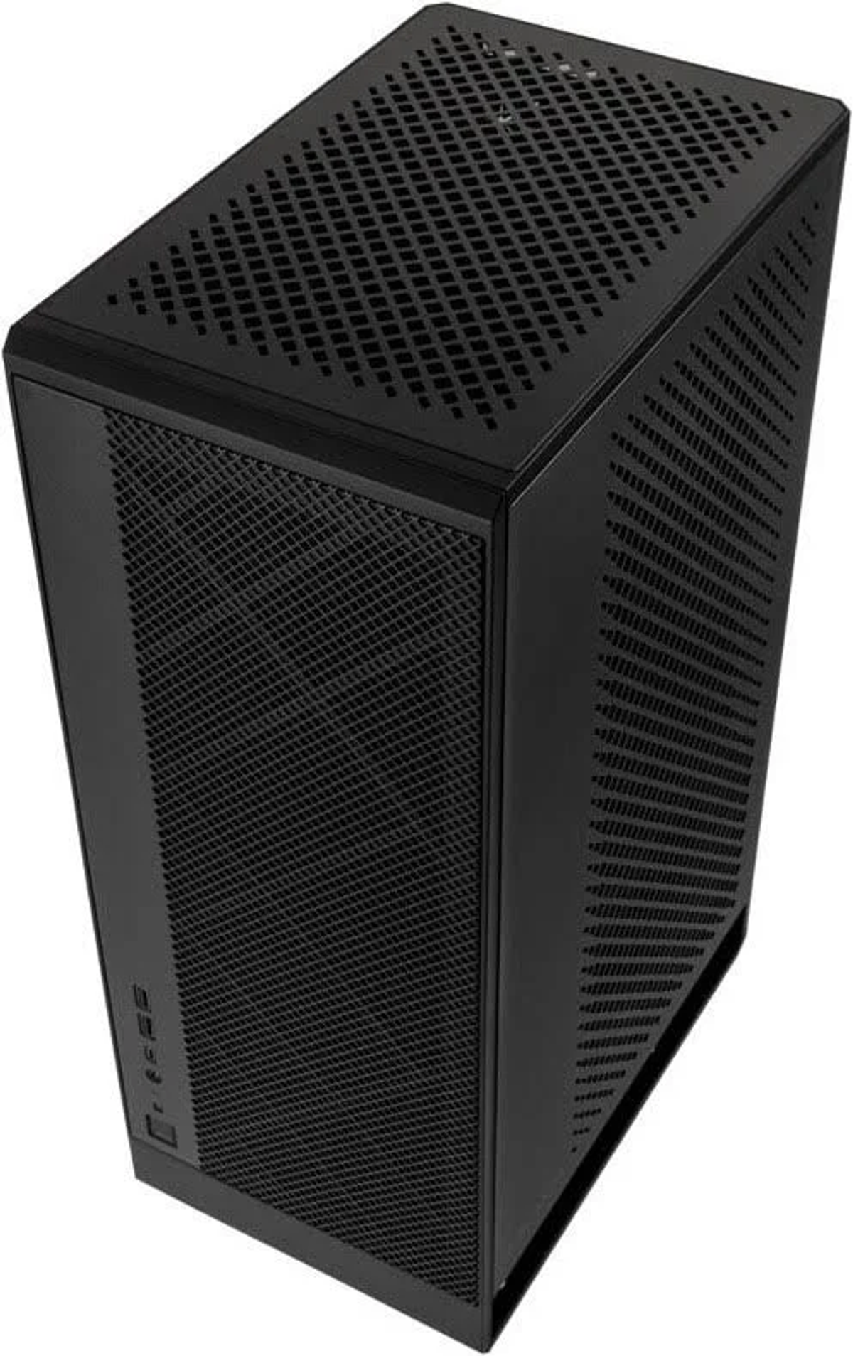 Draufsicht auf ein schwarzes Computergehäuse mit Mesh-Frontplatte und belüfteter Oberseite. Schwarzer Hintergrund.