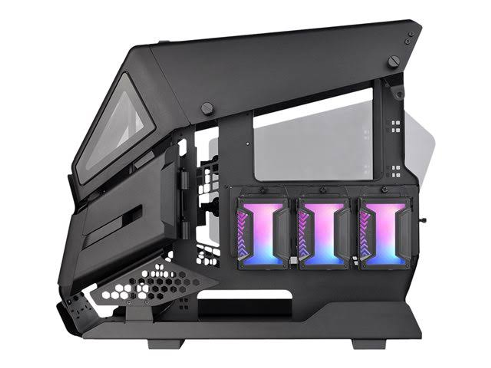 Schwarzes Computergehäuse, abgewinkeltes Design, offene Seite mit bunten Lichtern.