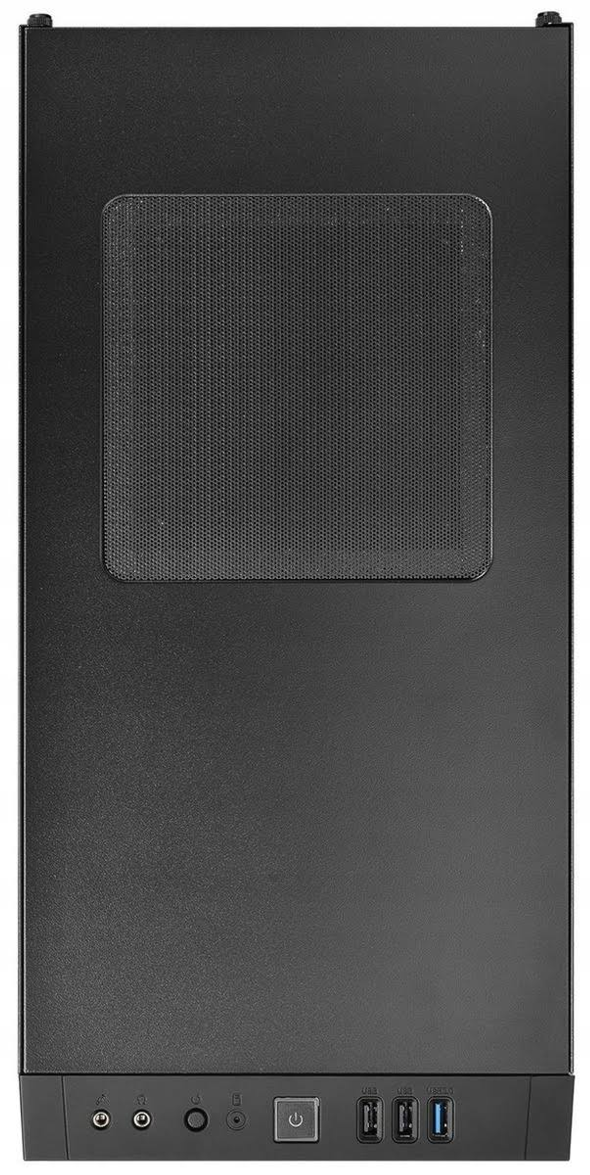 Case per computer nero, vista dall'alto, con ventola e porte visibili.
