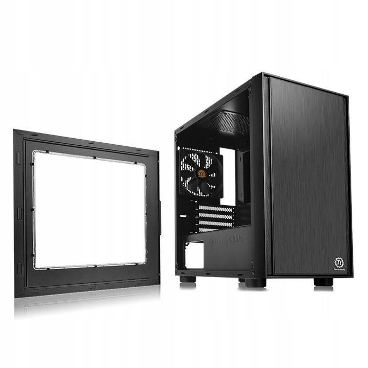 Case per computer nero con pannello laterale aperto, che rivela componenti interni e ventola.