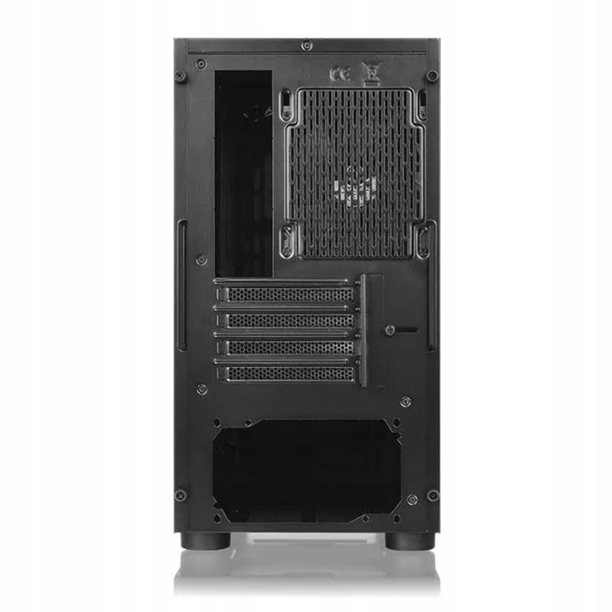 Retro di un case per computer nero. Ha molti fori e spazio per i componenti.