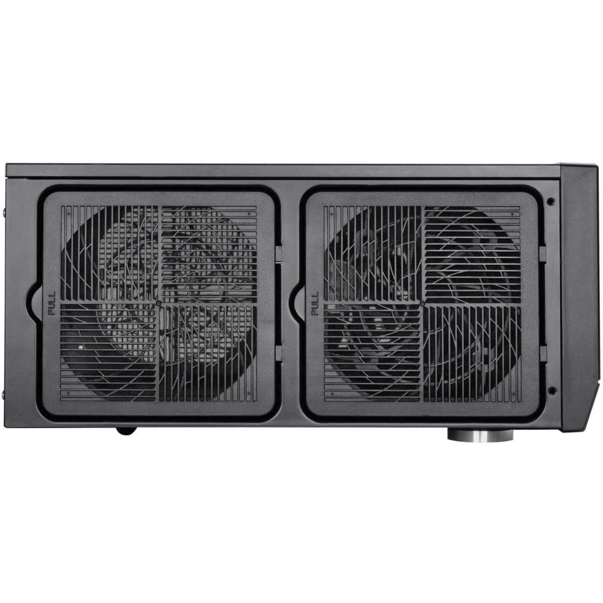 Eine schwarze Computerlüfterbaugruppe mit zwei sichtbaren Lüftern, das Wort 'PULL' steht auf dem Lüfter.