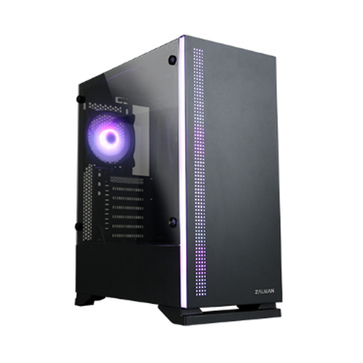 Schwarzes Computergehäuse mit Glasseitenwand. Innenraum hat einen leuchtenden violetten Lüfter.
