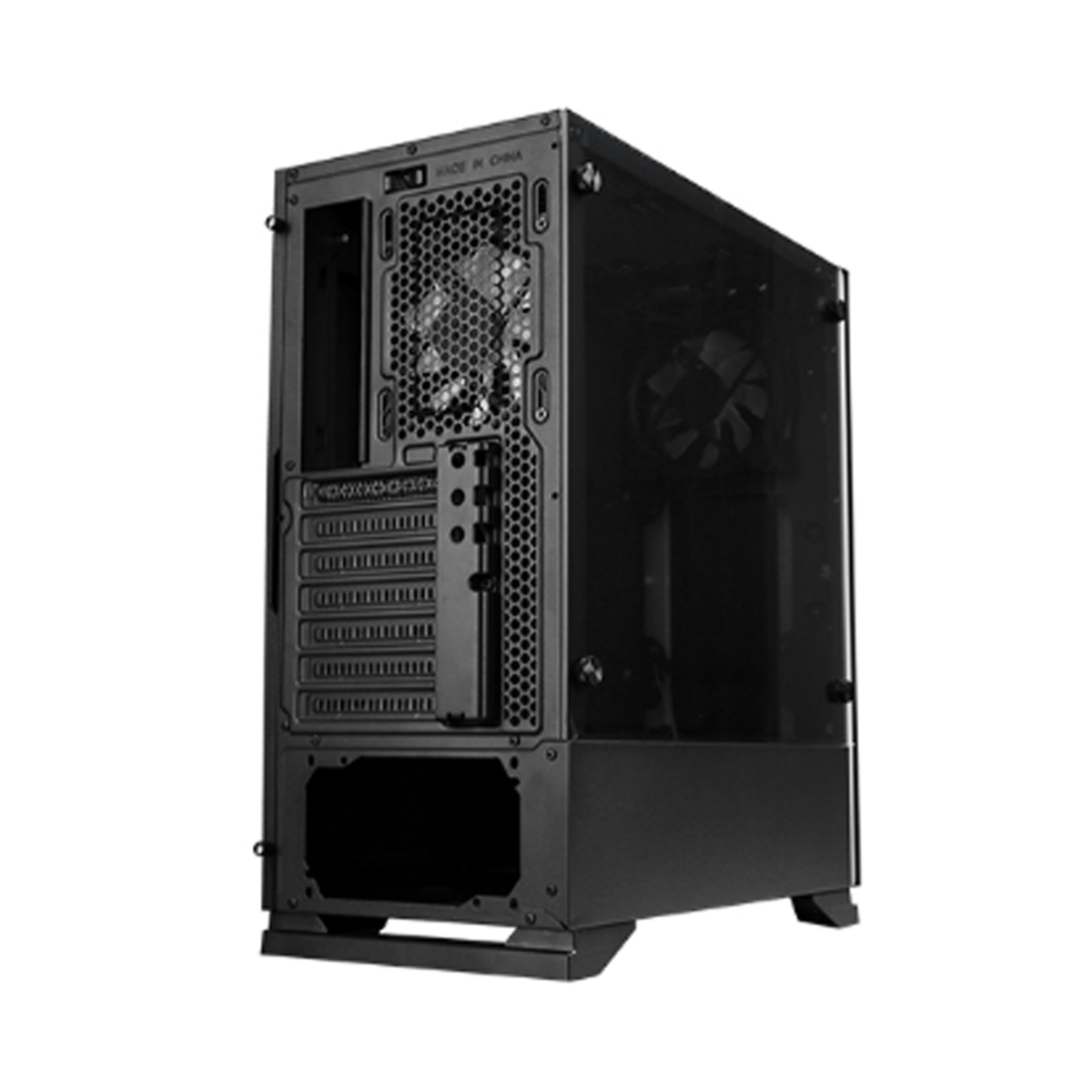 Schwarzes Computergehäuse mit geöffneter Seitenwand, zeigt interne Komponenten. Weißer Hintergrund.