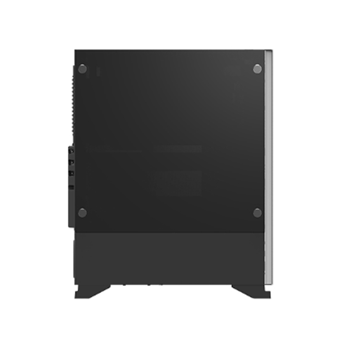 Schwarzes Computergehäuse, Seitenansicht. Mit Seitenlüfter und mehreren Anschlüssen. Schwarze Basis.