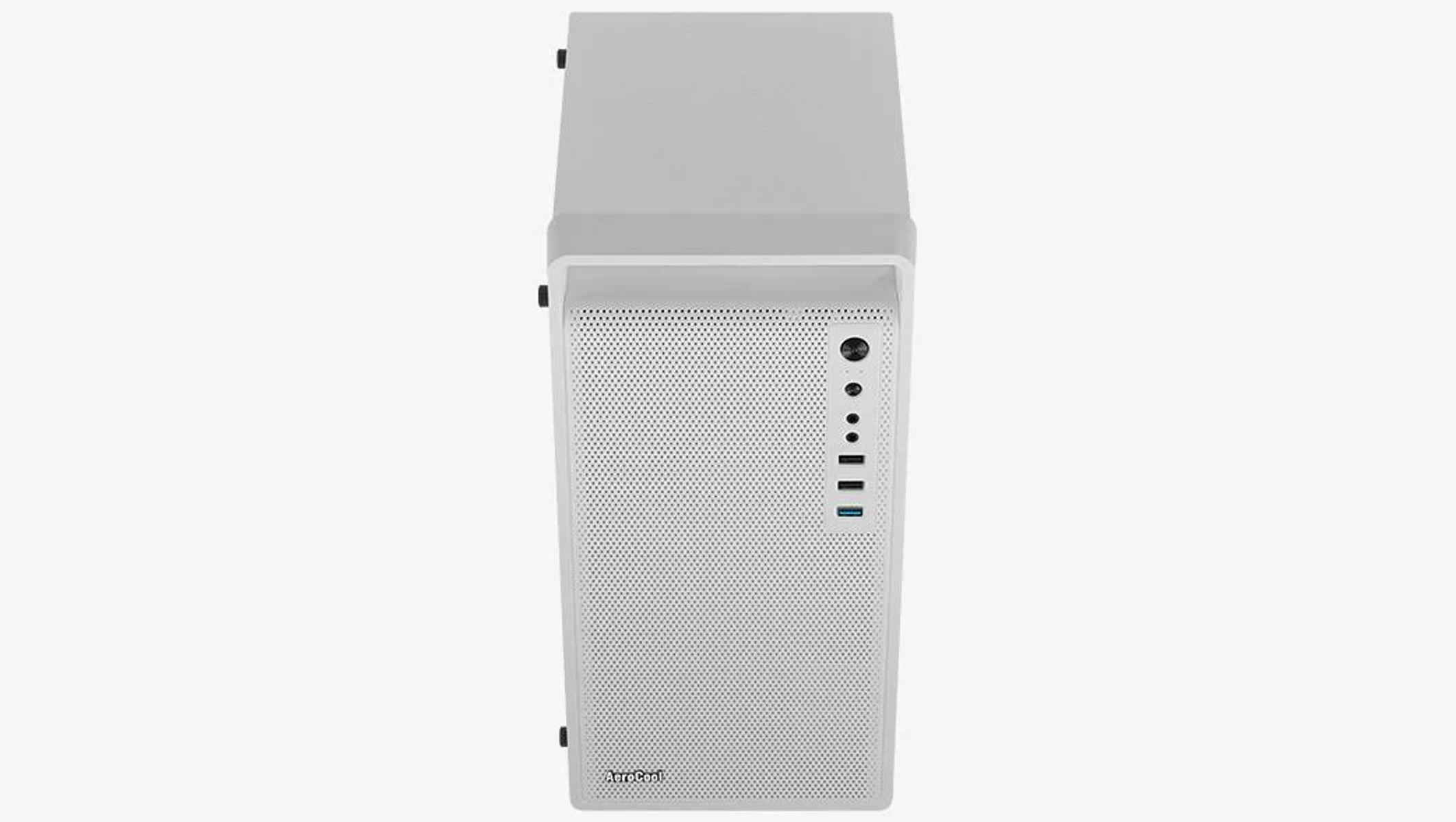 Biała obudowa komputera, widok z góry. Perforowany panel przedni, porty tylne i panel boczny.