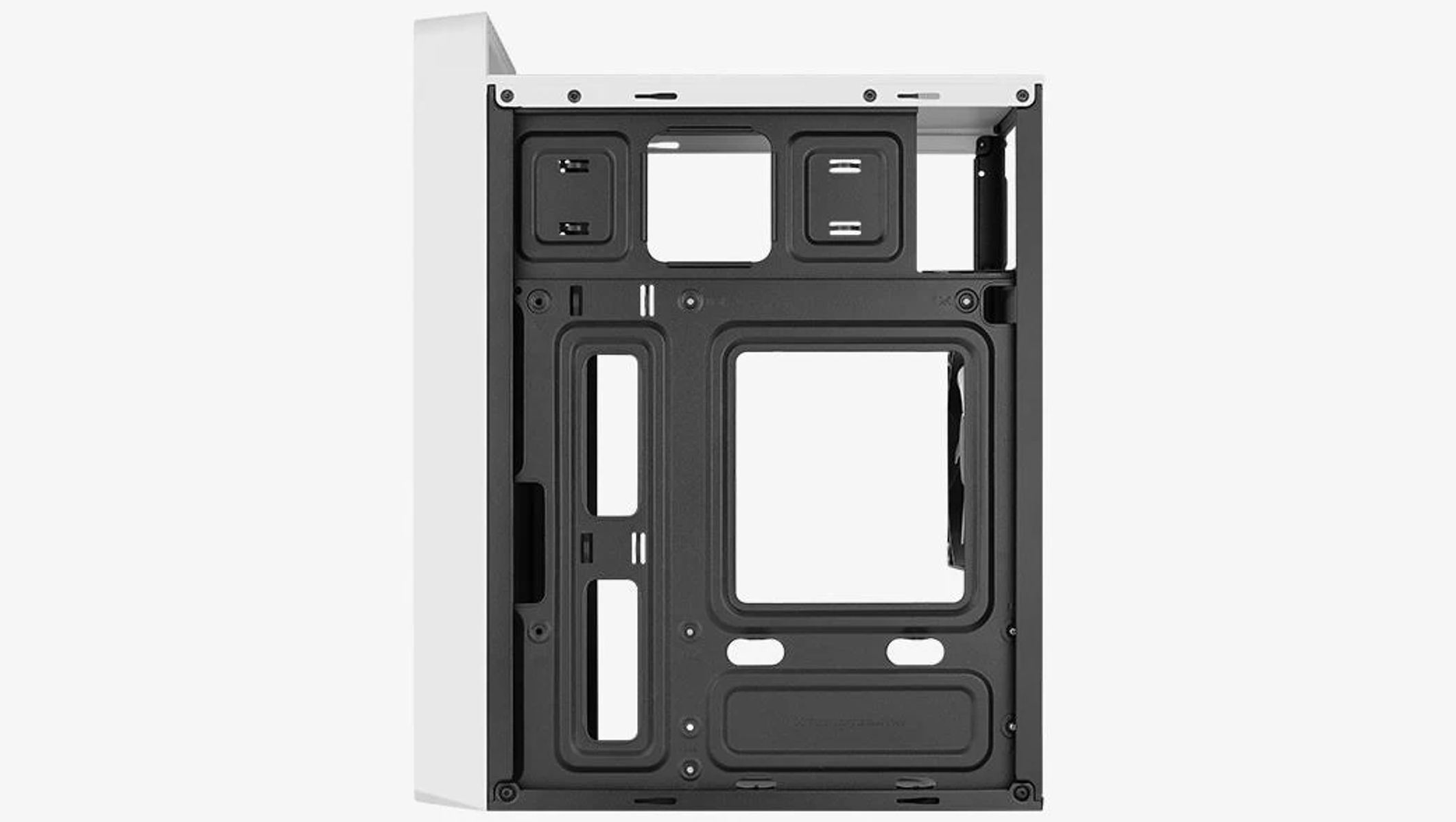 Wnętrze białej obudowy komputera, z różnymi wycięciami na komponenty, na białym tle.