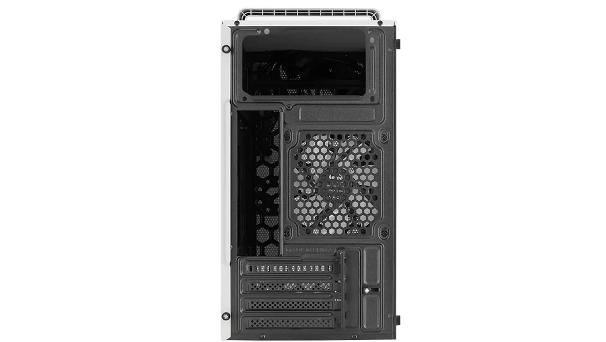 Tył białej obudowy komputera z wentylatorem i różnymi gniazdami.