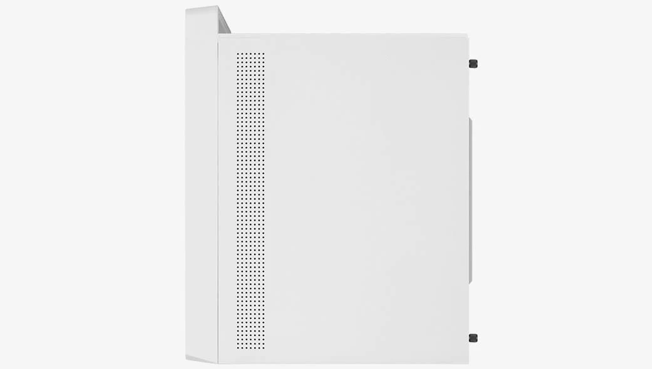 Biała obudowa komputera widziana z boku. Perforowany panel boczny. Białe tło.