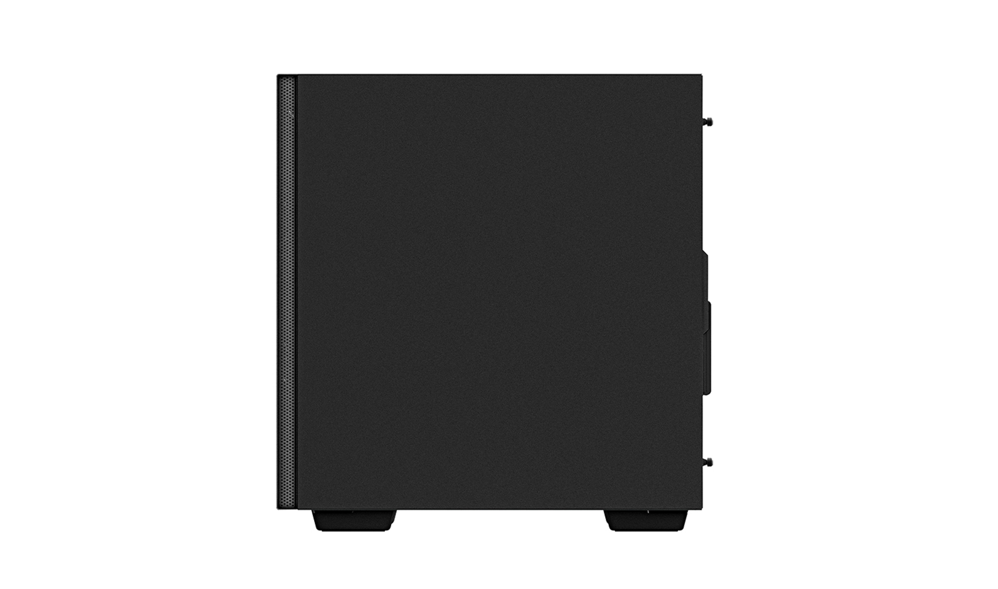 Czarna obudowa komputera pokazana z góry, na białym tle.