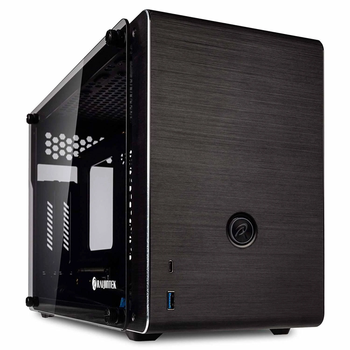Un case per computer nero con un pannello laterale in vetro, che mostra i componenti interni.