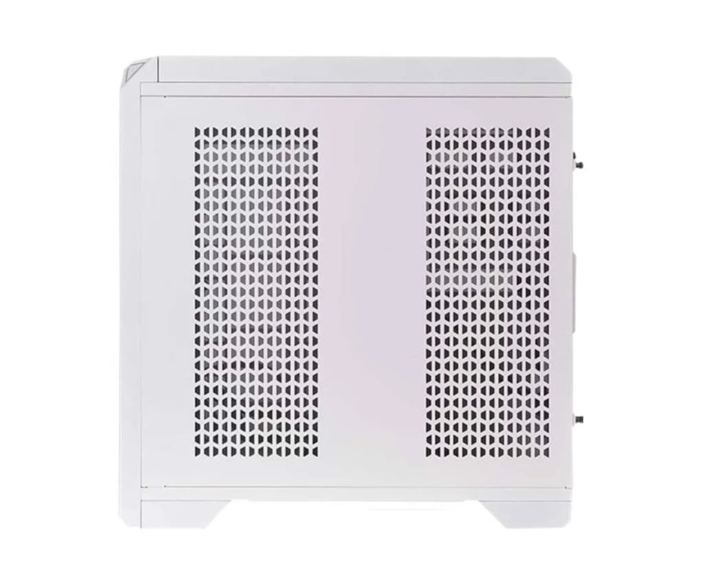 Witte computerkast met ventilatieopeningen, zijaanzicht, geïsoleerd op wit.
