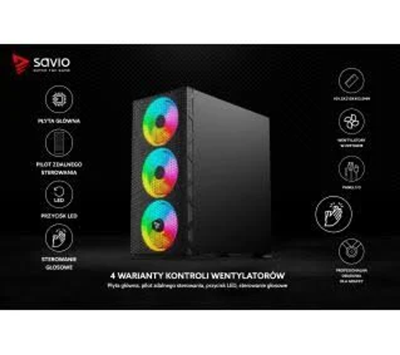 Obudowa komputera z wentylatorami RGB i tekstem. Obudowa jest czarna z kolorowymi wentylatorami i obrazem.