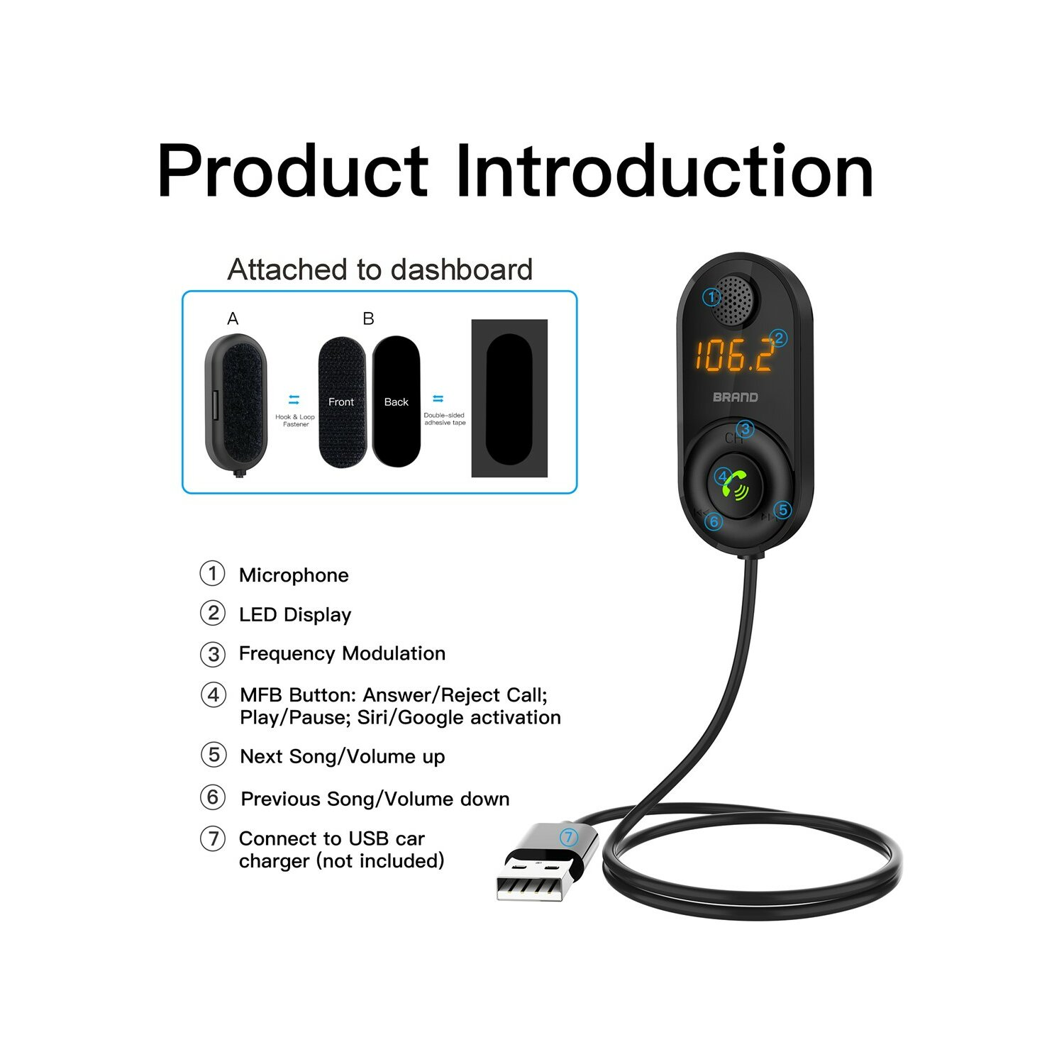 Schwarzes Auto-Kit mit Knöpfen und Display, plus USB-Anschluss und Teilediagramm, auf weißem Hintergrund.