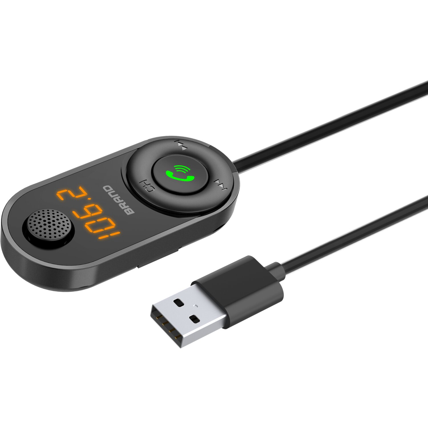 Ein schwarzes Gerät mit Display und Tasten, verbunden mit einem USB-Kabel.