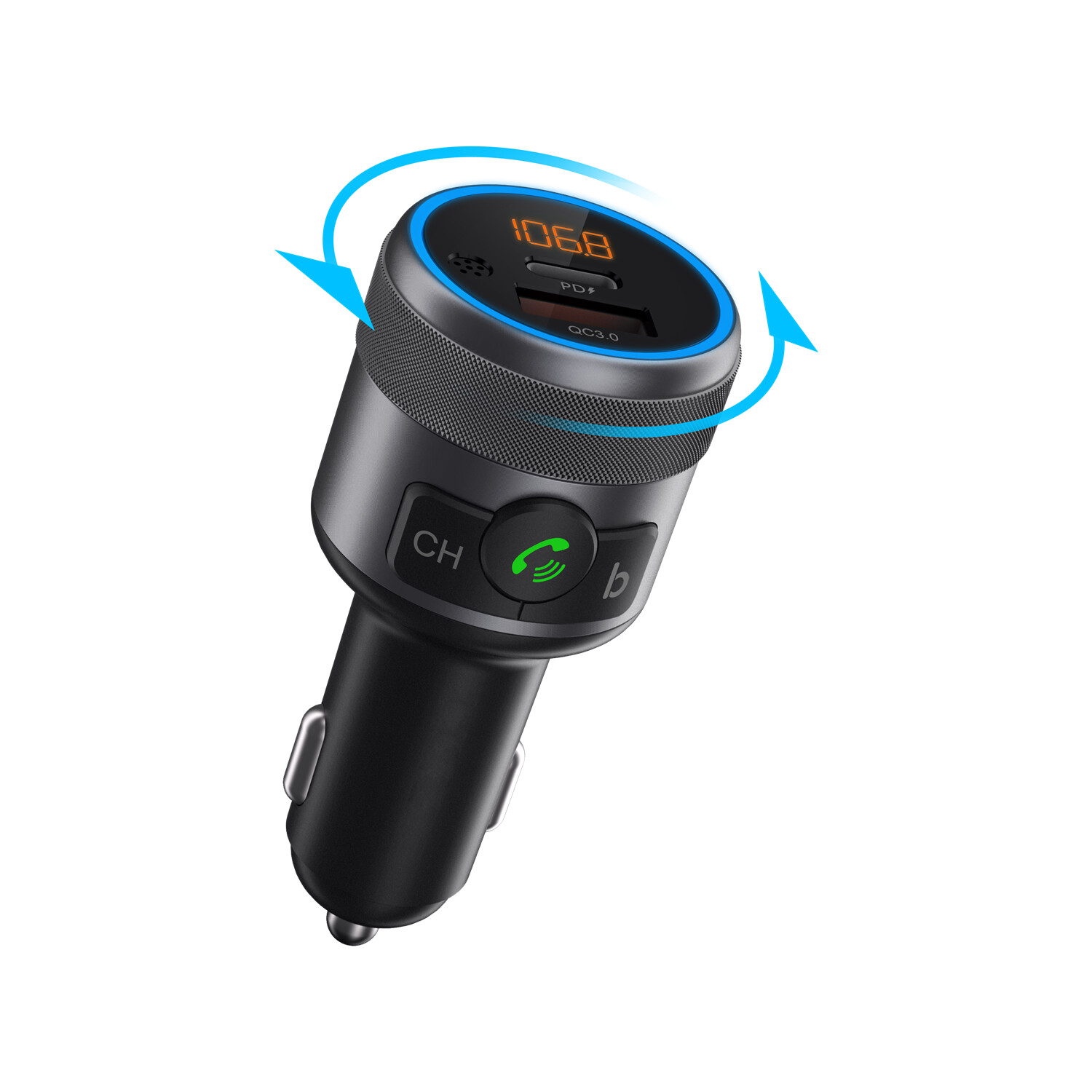 Schwarzer Auto-FM-Transmitter. Digitalanzeige, USB-Anschlüsse und ein blauer Lichtring. Weißer Hintergrund.