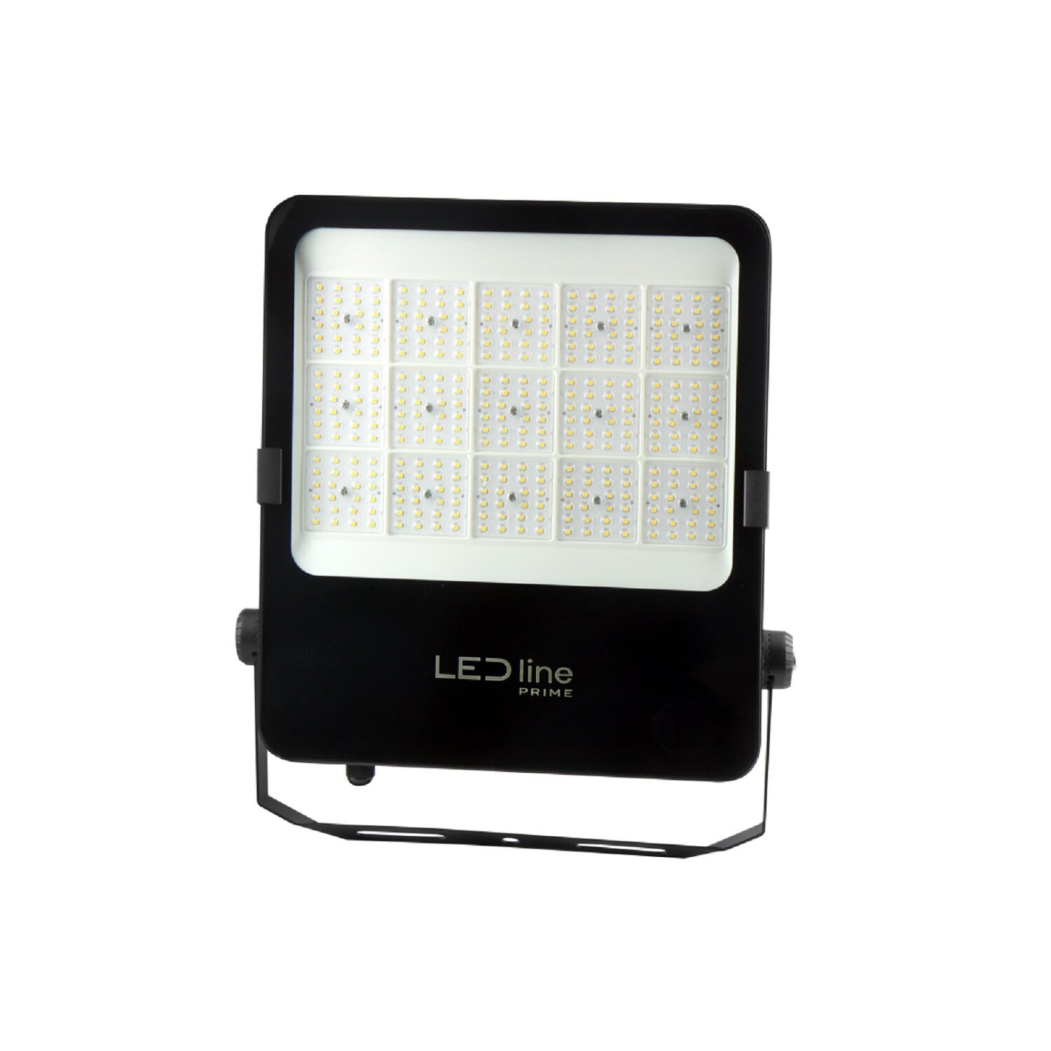 Schwarzer LED-Line-Prime-Fluter mit vielen kleinen Lichtern, schwarzem Ständer und weißem Lichtpanel.