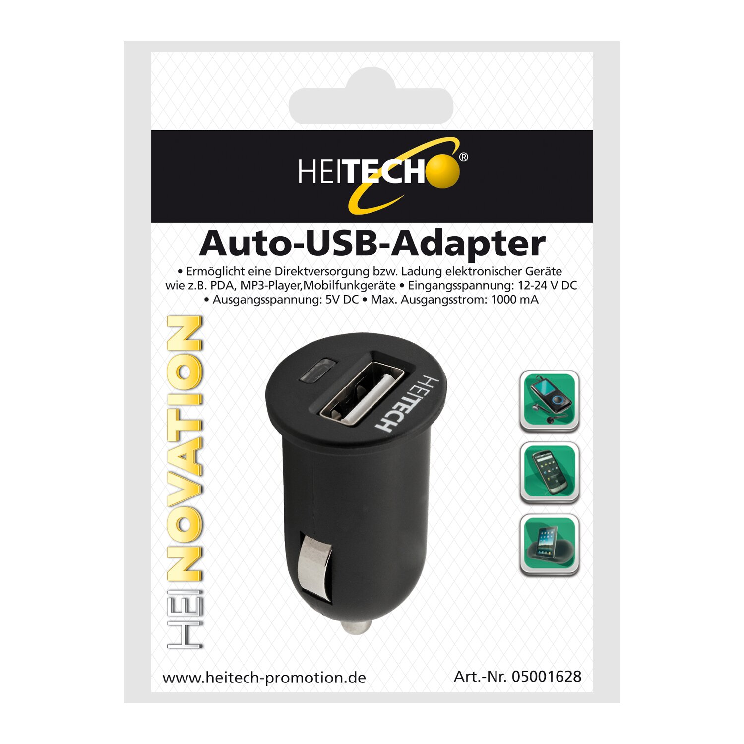 Schwarzer Autoladegerätadapter mit USB-Anschluss, in einer Verpackung mit Produktinformationen.