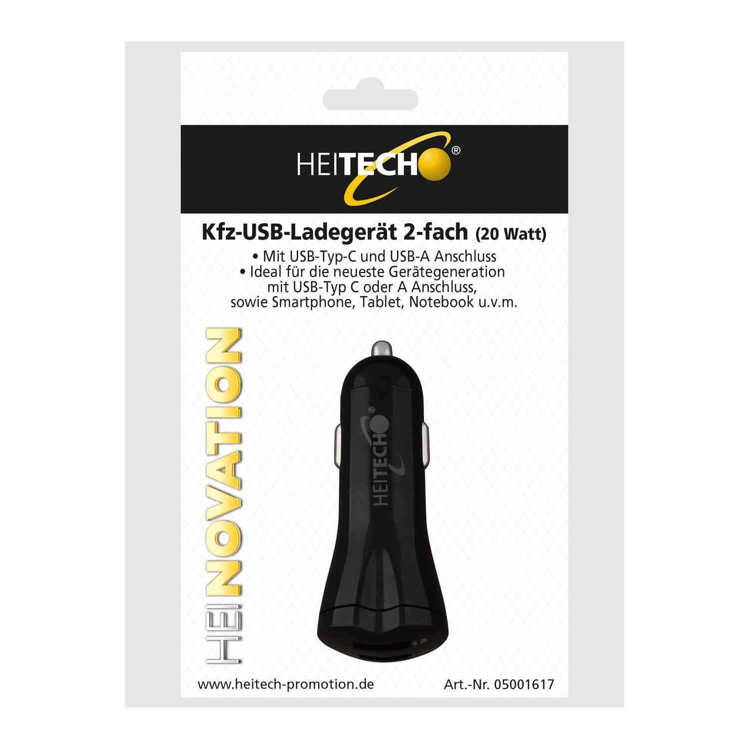 Verpackung für ein Autoladegerät, schwarz mit der Marke 'HEITECH' und Produktdetails.