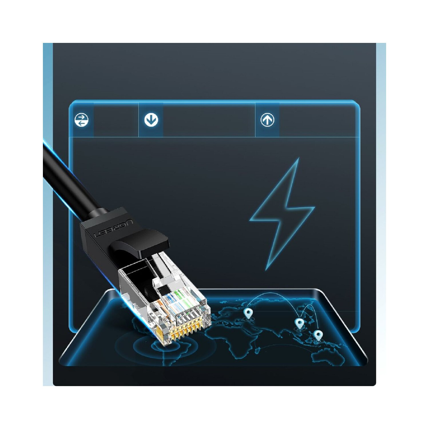 Kabel Ethernet z złączem RJ45. W niebieskim cyfrowym wzorze. Jasnoniebieskie tło.