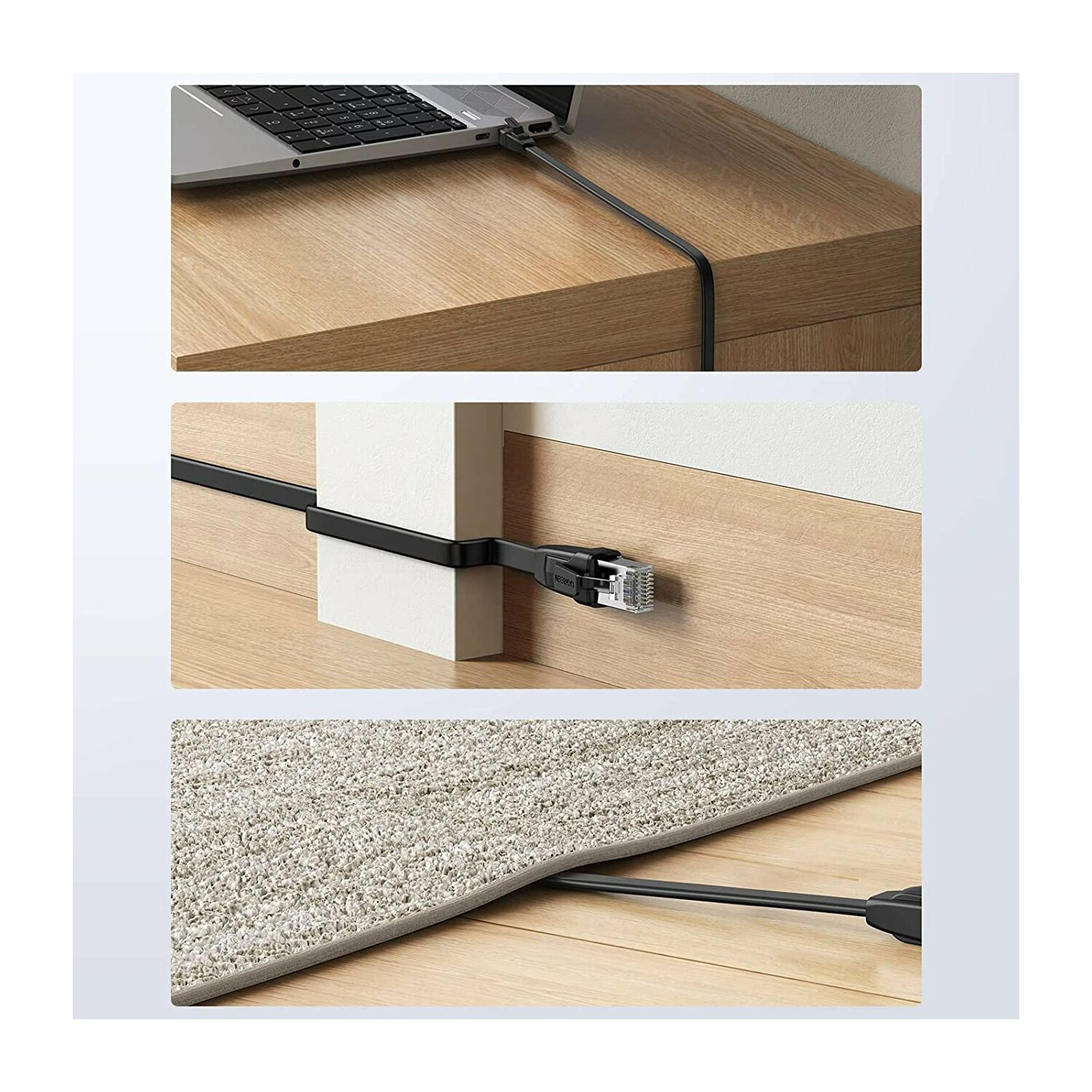 Trzy obrazy: Kabel Ethernet podłączony do laptopa, biegnący wzdłuż ściany i pod dywanem.