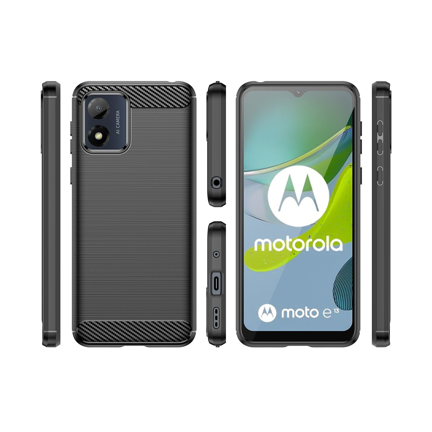 Mehrere Ansichten einer schwarzen Motorola-Handyhülle mit Carbonfaser-Design.