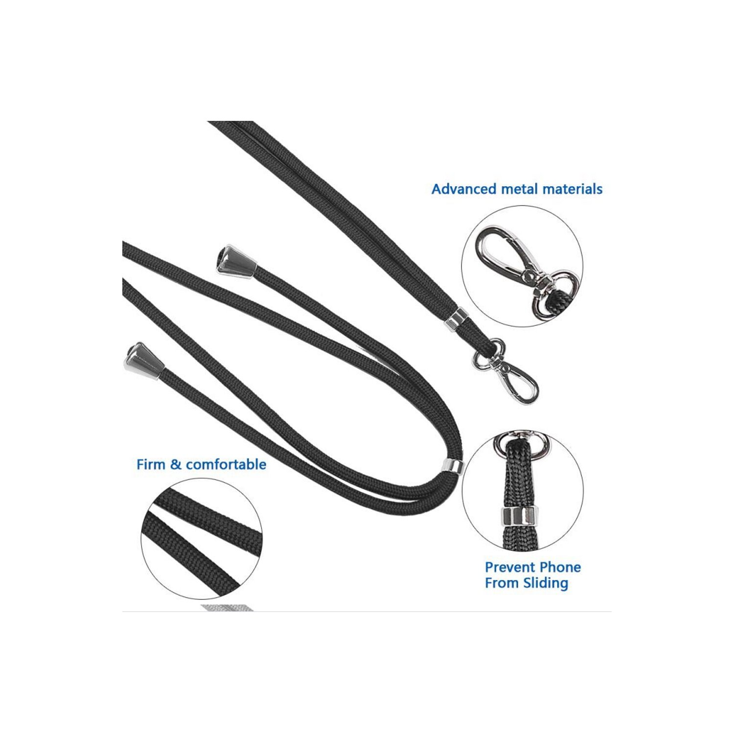 Schwarze Handy-Lanyard-Teile: Kordel, Metallverschlüsse, Nahaufnahmen, weißer Hintergrund.