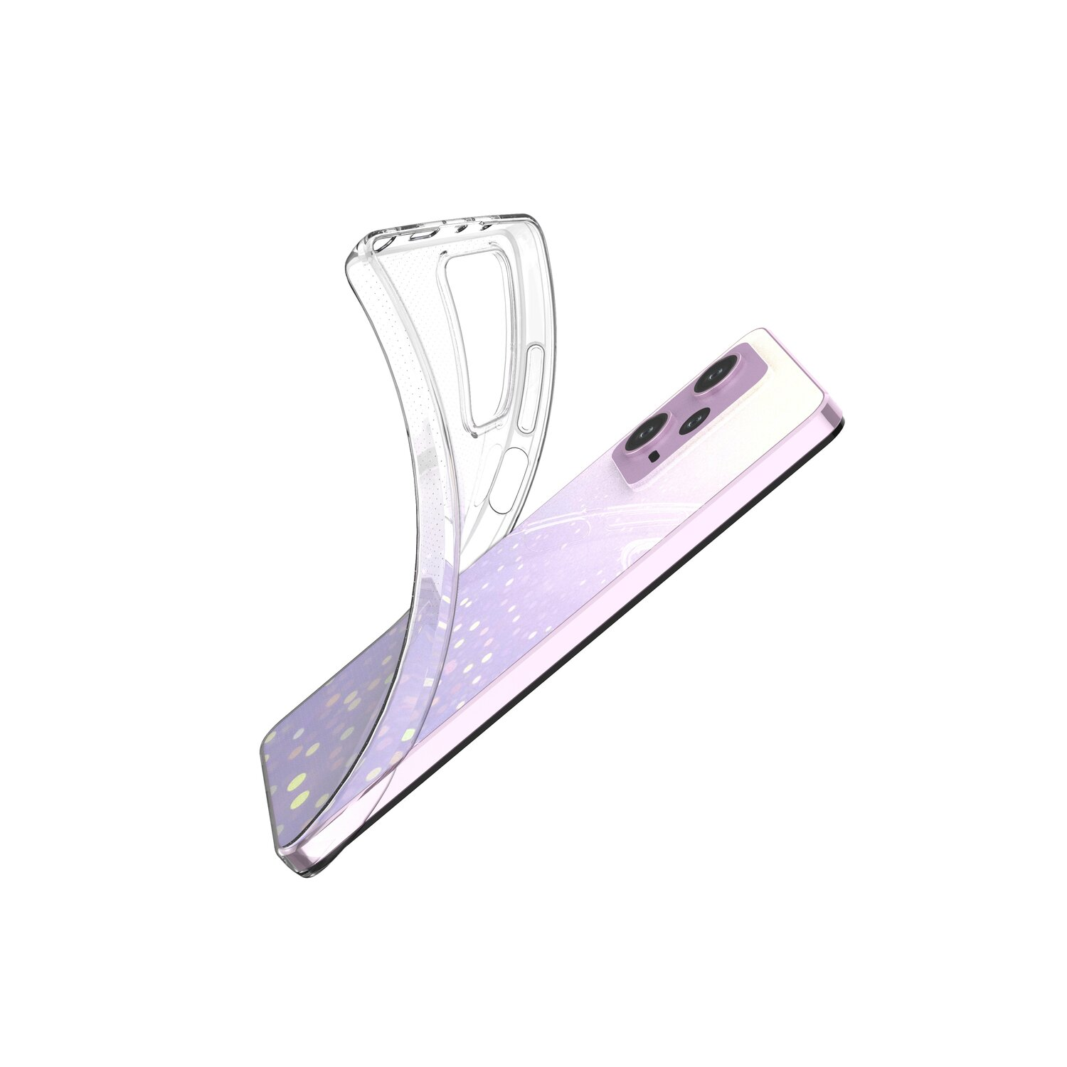Transparente Handyhülle mit Telefon, Rückseite mit Kameras sichtbar.